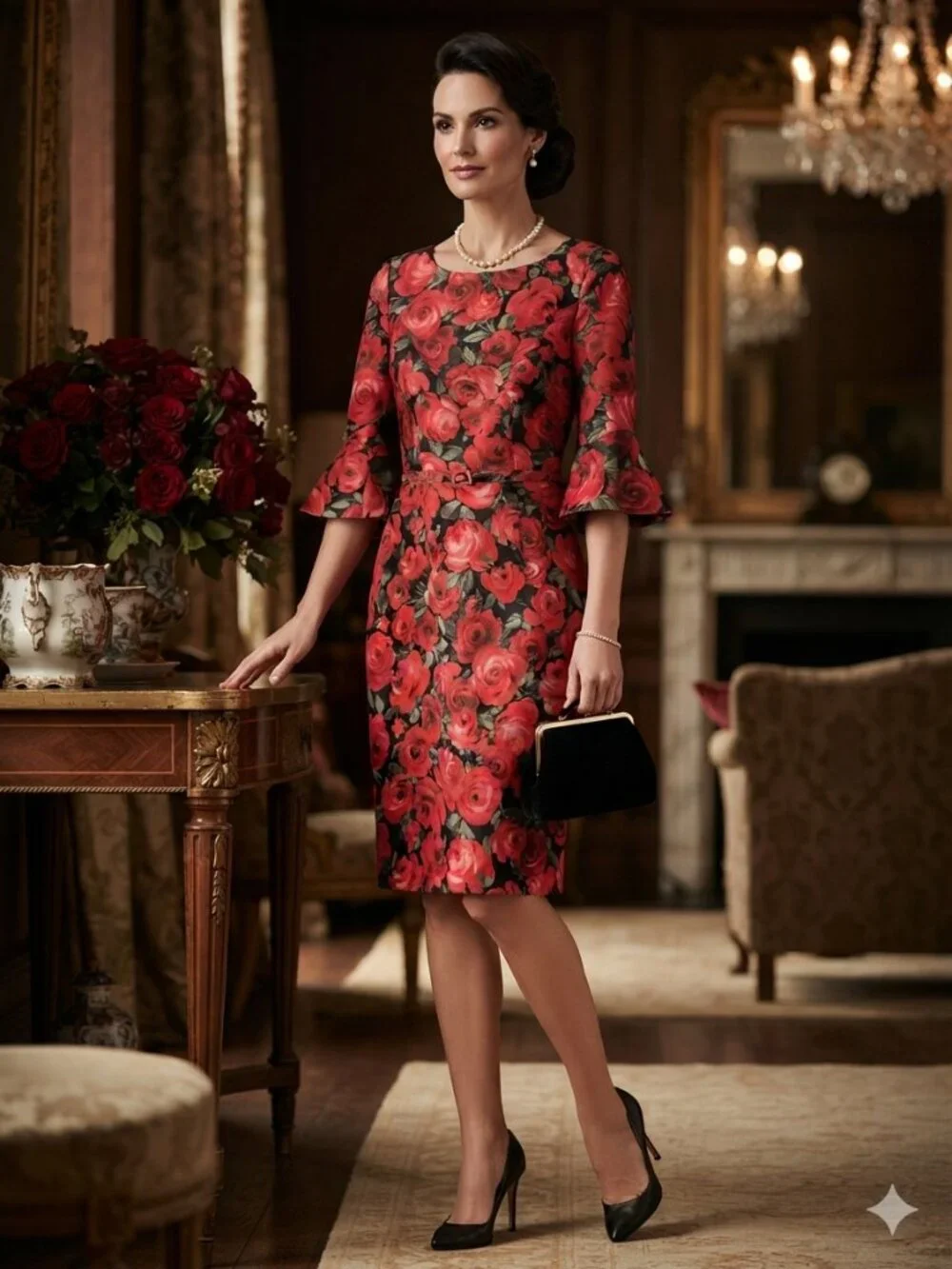 David Meister Red Rose Floral Bell Sleeve Belted Sheath Dress Size 6